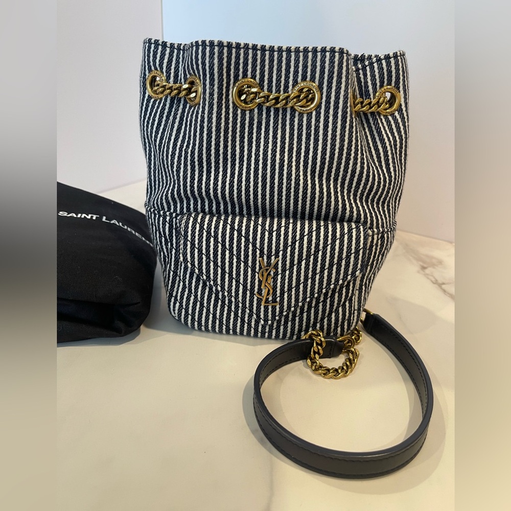 Saint Laurent YSL Monogram Striped Denim Joe Crossbody Chain Bucket Bag